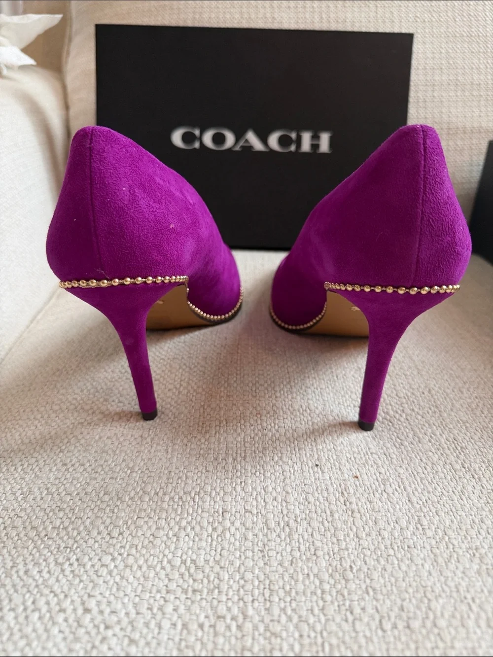Coach Fuchsia Suede Pointed-Toe Pumps with Studded Trim in box